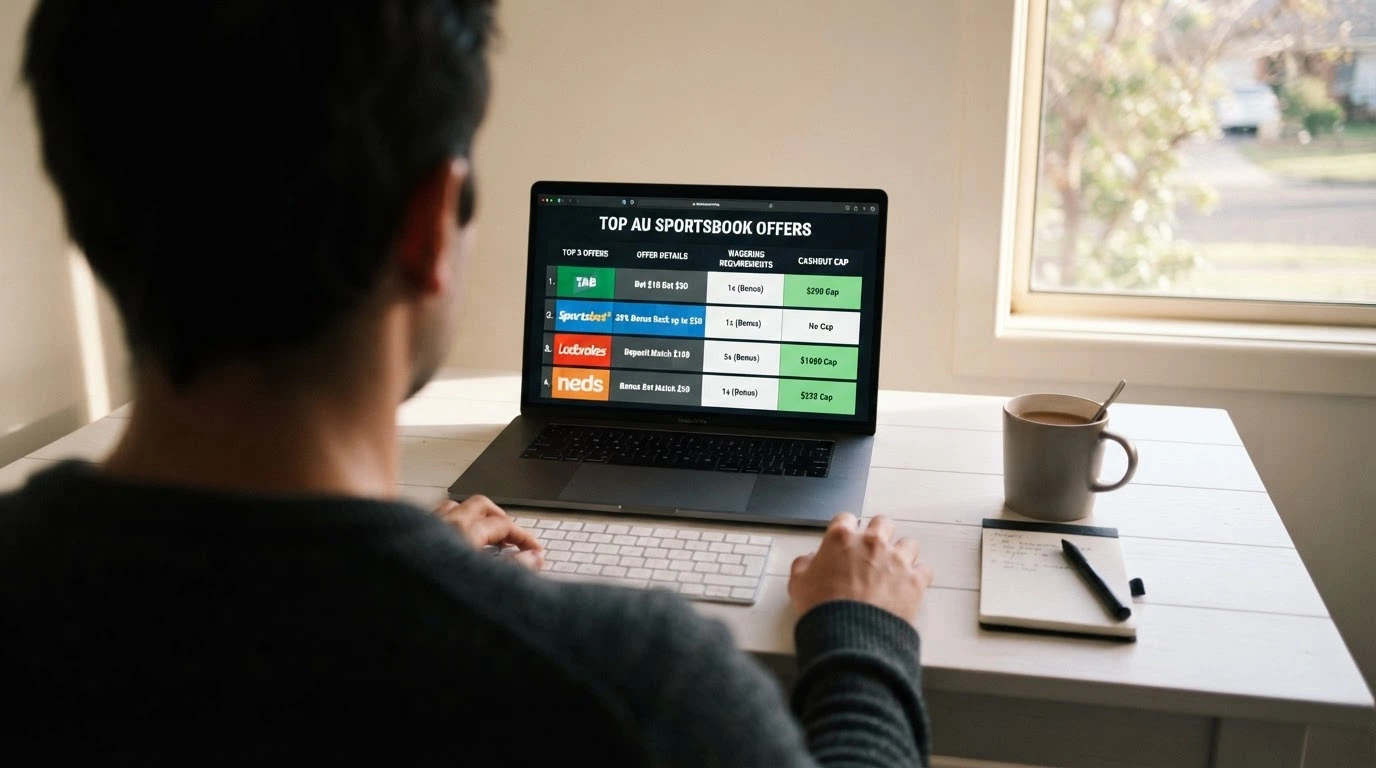 A clean comparison table on a dark background with operator logos down the left and key data columns — No-Deposit Offer, Wagering, Max Cashout — filled with real figures