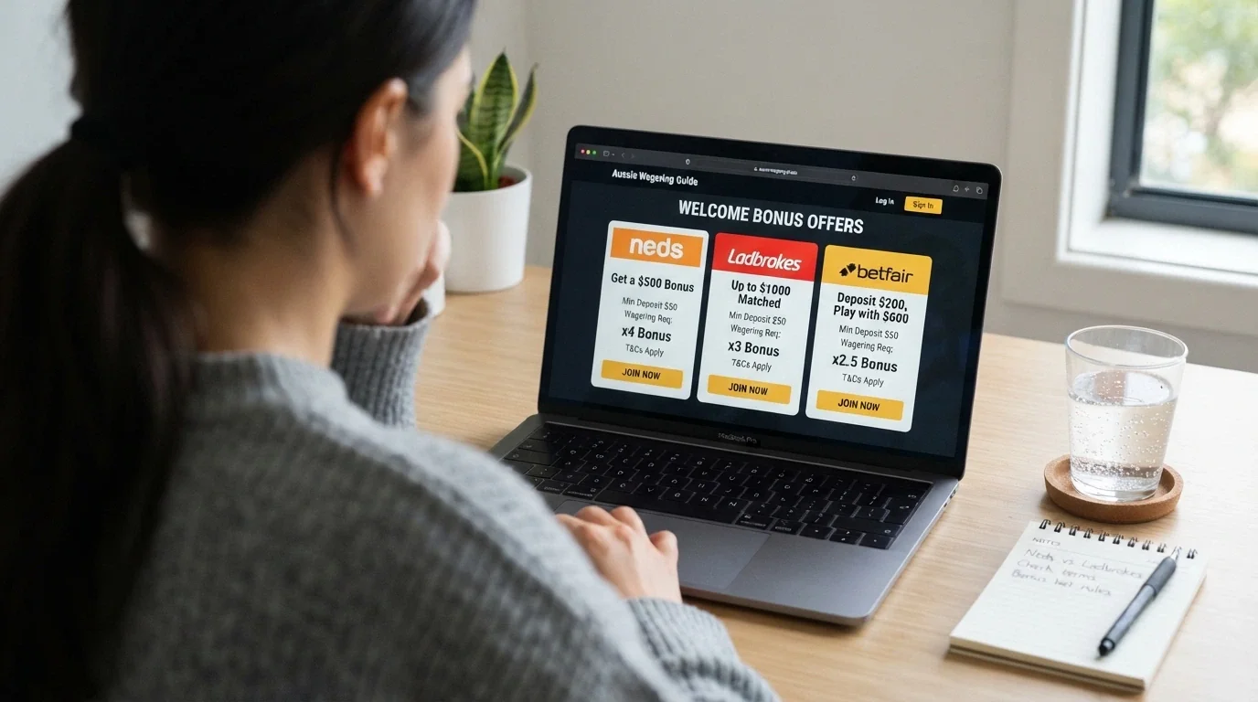A side-by-side layout of welcome bonus figures from different online casinos with the wagering multiplier highlighted on each card