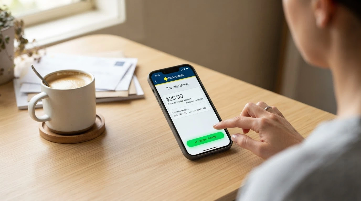 An Australian banking app showing a PayID transfer screen with $20.00 entered, alongside casino payment-method icons