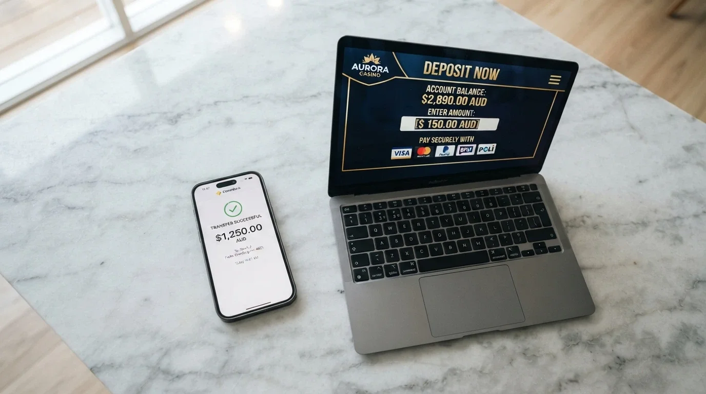 A smartphone showing a banking app with a PayID transfer confirmation screen next to a casino deposit page with PayID listed among the payment options