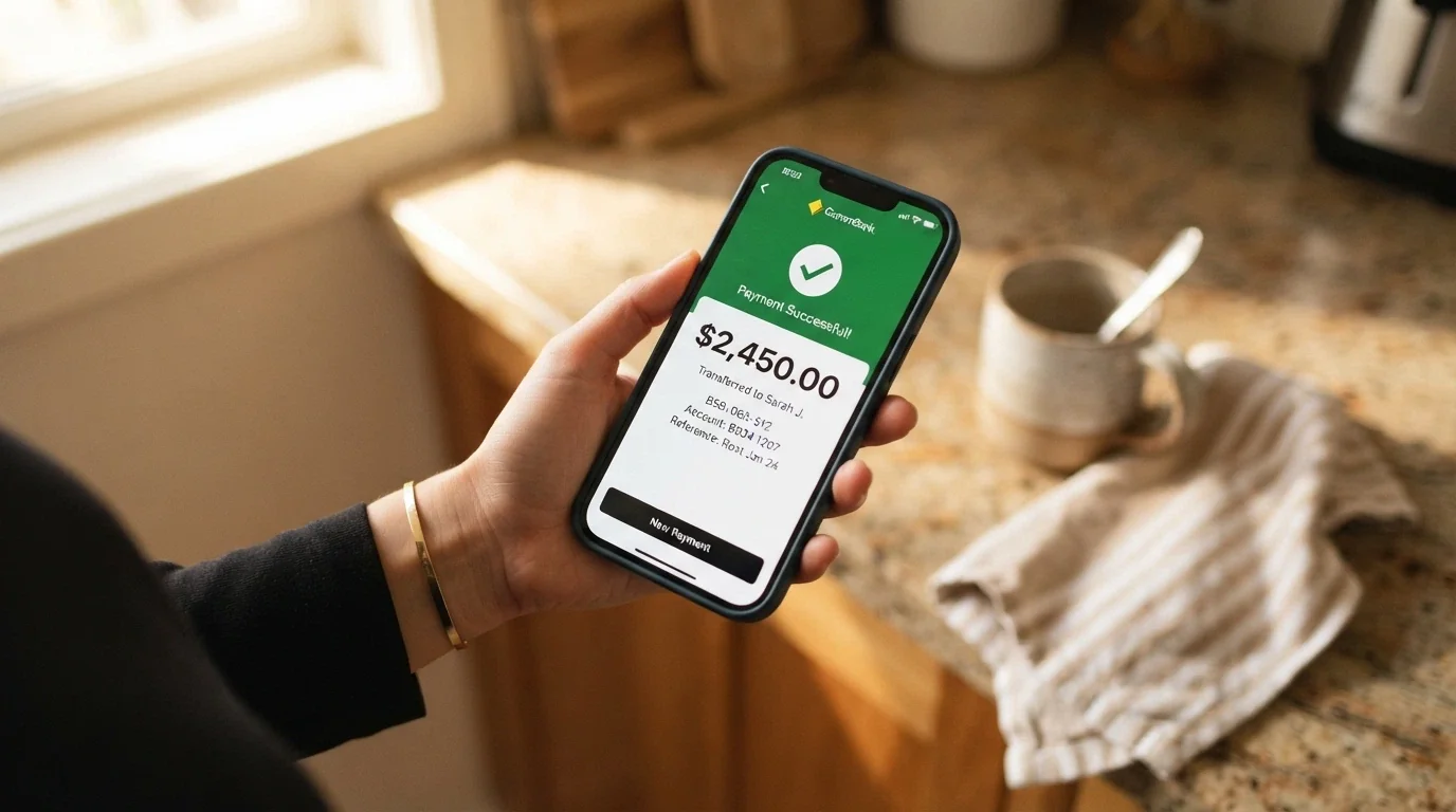 A banking app screen showing a PayID transfer confirmation with Australian dollar amount