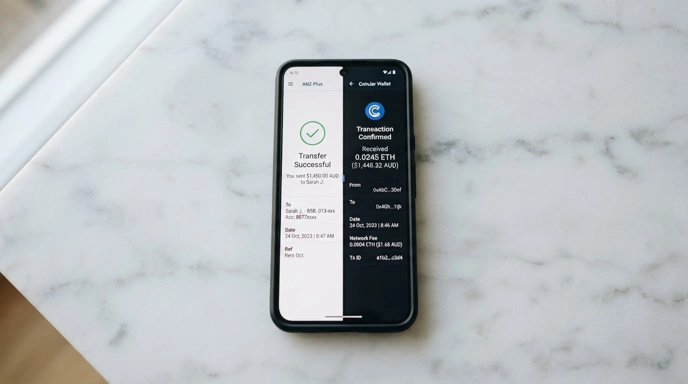 A split screen — left side shows a banking app with a PayID transfer confirmation, right side shows a crypto wallet with a USDT transaction receipt, both on the same phone model