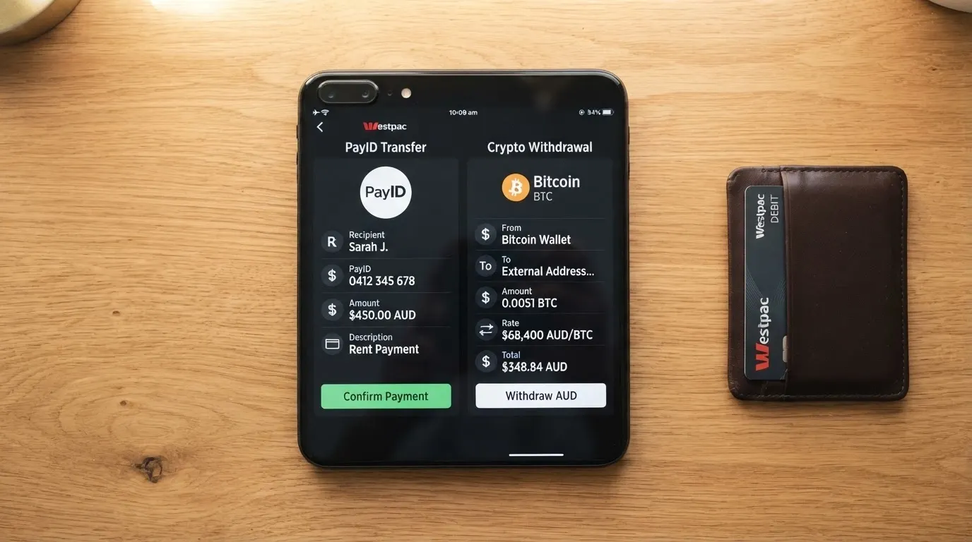 A smartphone screen displaying a banking app with PayID and cryptocurrency withdrawal options side by side
