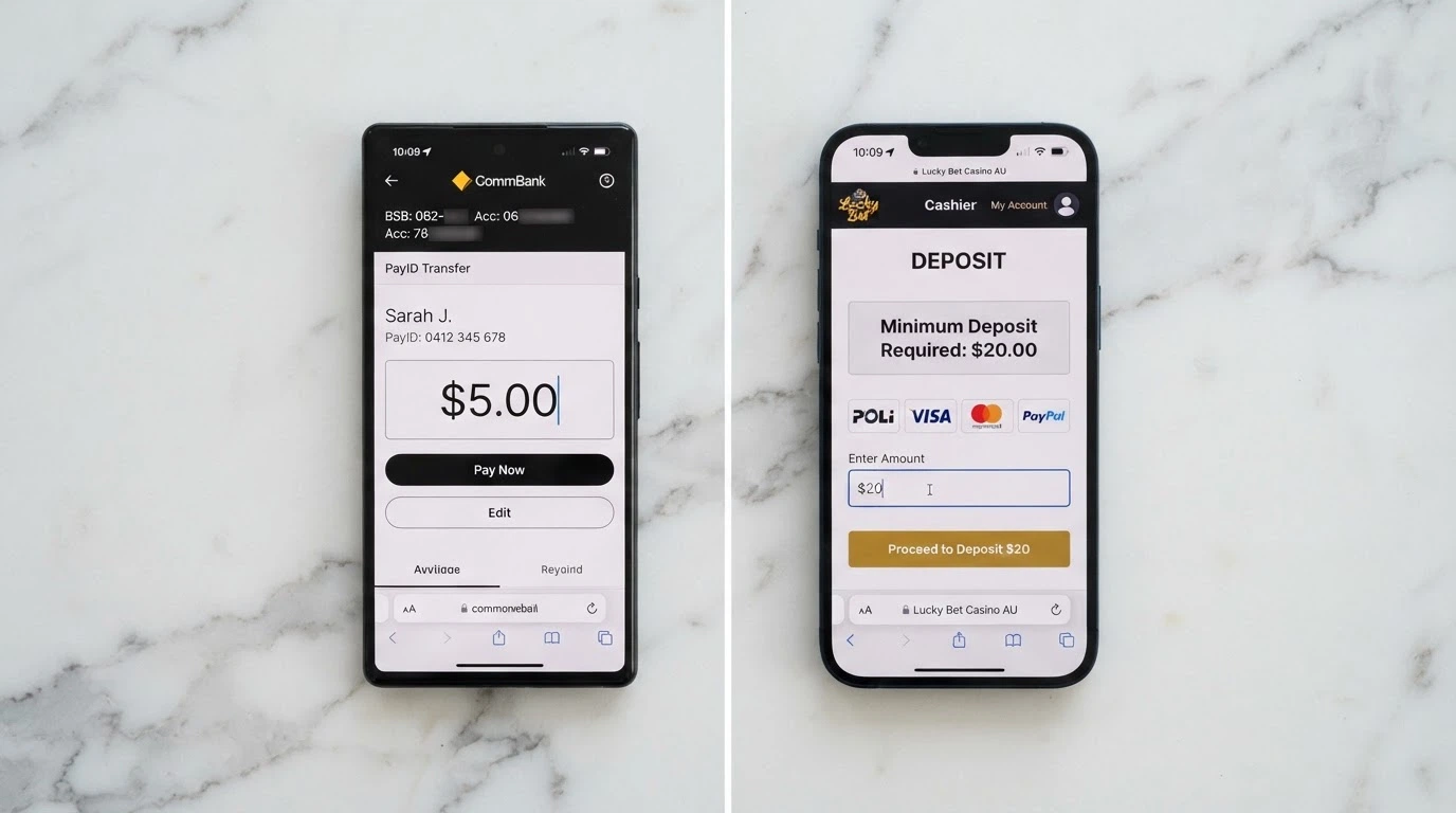 A banking app screen showing a PayID transfer field with a $5 amount and a casino deposit page showing a $20 minimum