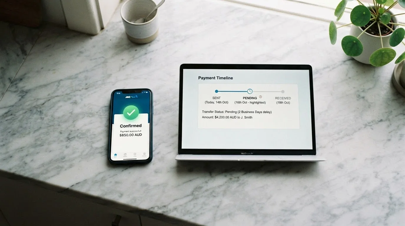 A split screen showing a banking app PayID confirmation on one side with a clock icon, and a pending bank transfer on the other with a calendar