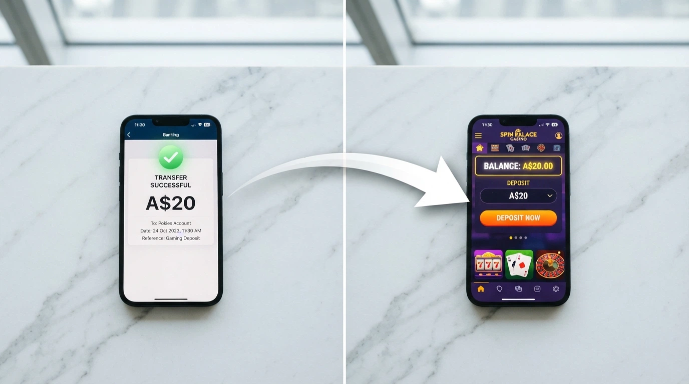 A split-screen showing a PayID banking app on one side and a pokies deposit screen on the other, connected by an arrow