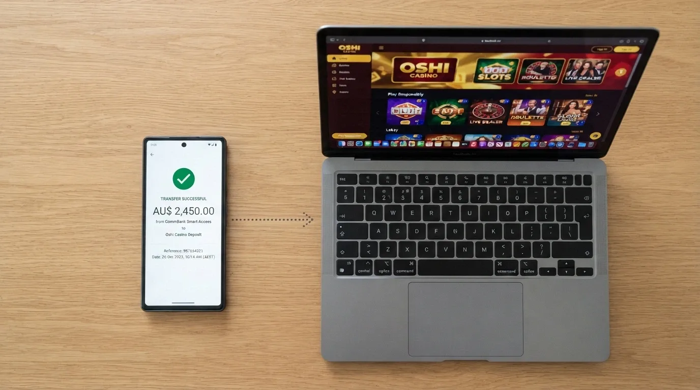 A smartphone screen showing a PayID transfer confirmation with a timestamp, the funds arrow pointing toward an offshore casino logo on a laptop behind it