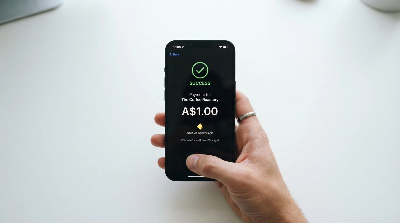 A smartphone screen showing a completed PayID transfer of A$1.00 to an online casino with a timestamp under 30 seconds