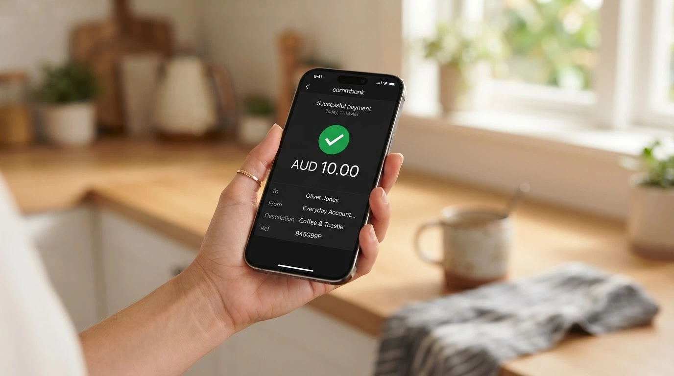 A mobile banking app screen showing a PayID transfer of AUD 10.00 to a casino cashier, with a confirmation timestamp