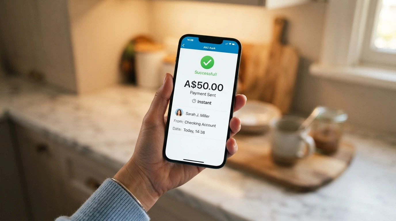 A smartphone banking app screen showing a PayID transfer confirmation with the New Payments Platform logo and an instant-transaction timestamp