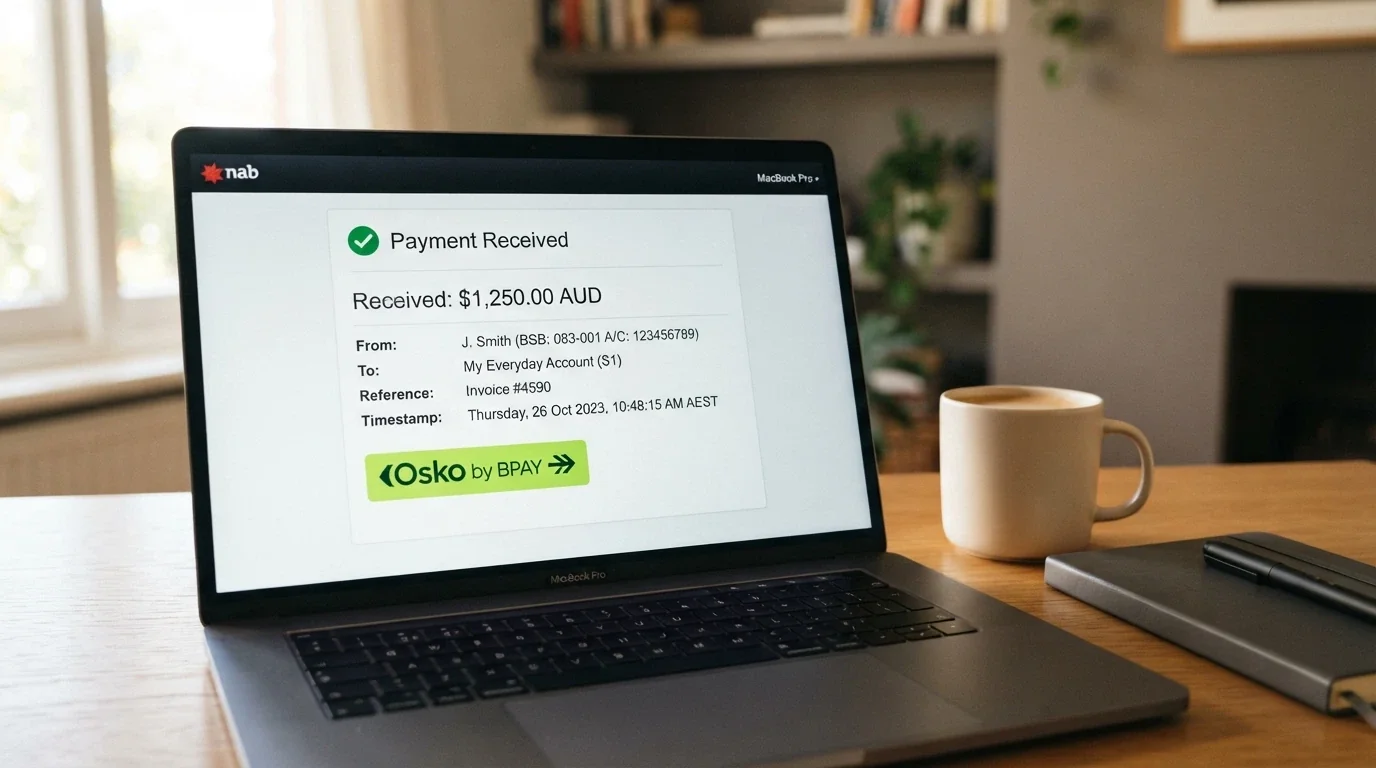 An Australian online banking interface showing an Osko payment confirmation with a timestamp and a received-amount field
