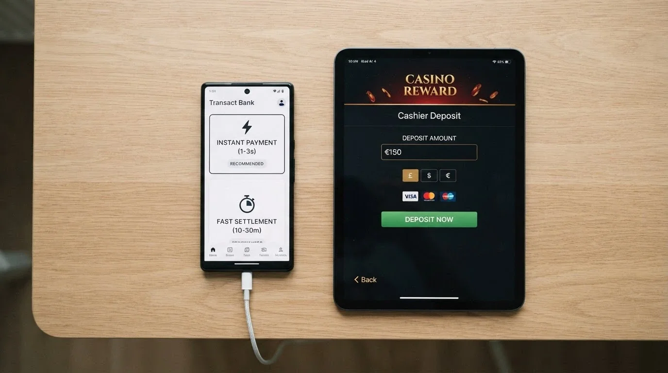 A smartphone showing a banking app transfer screen with PayID and Osko options highlighted, beside a casino deposit page