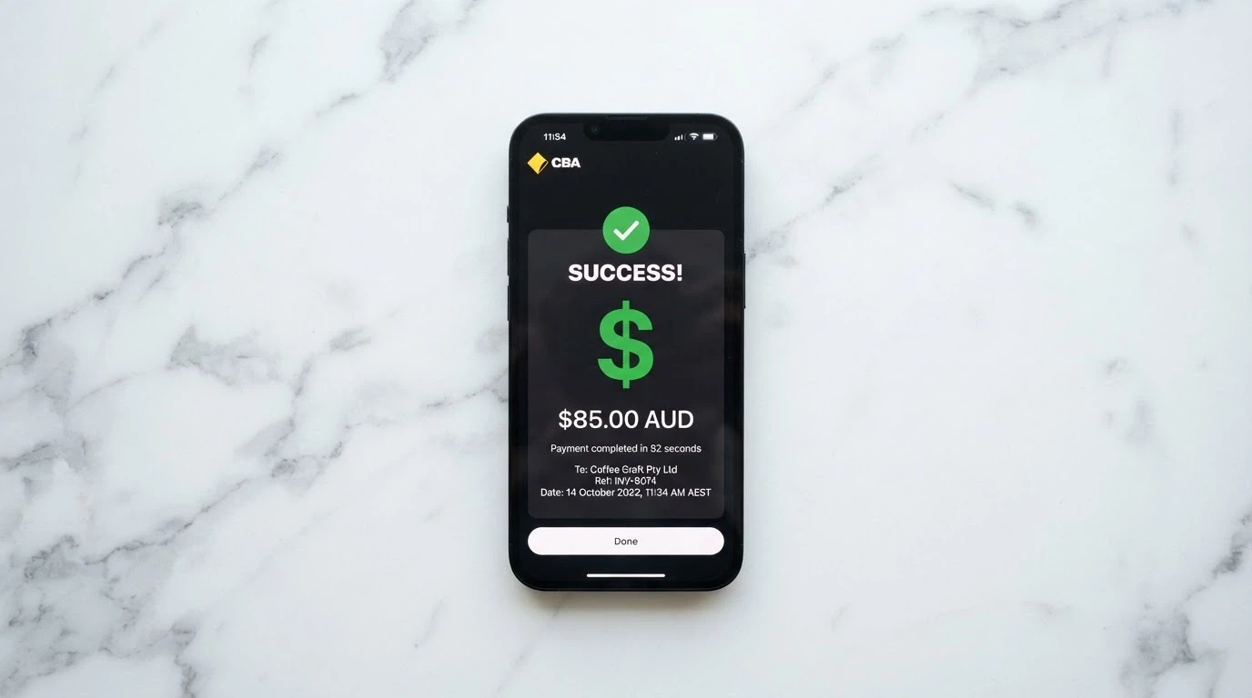 Smartphone showing a PayID payment confirmation screen with a casino deposit arriving in under 60 seconds, Australian bank branding visible