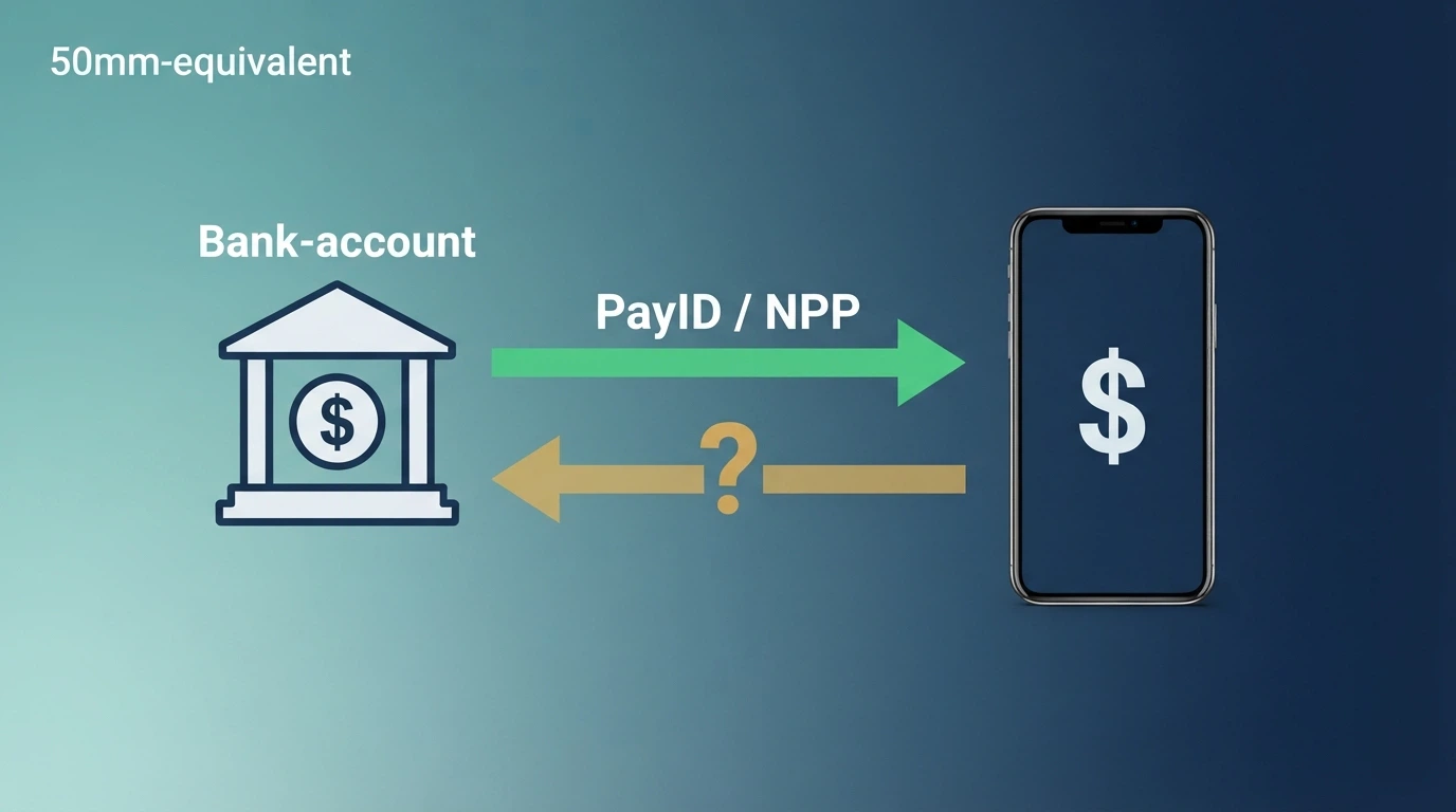 A diagram showing a bank account connecting via PayID/NPP to a smartphone with a casino app, with a question mark on the return arrow