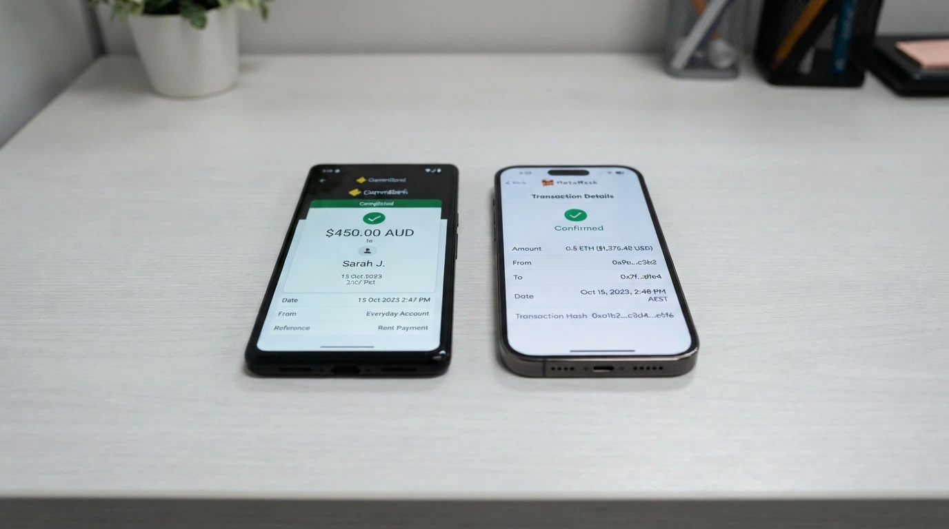 A split comparison showing a PayID banking app transfer screen on one side and a crypto wallet confirmation on the other