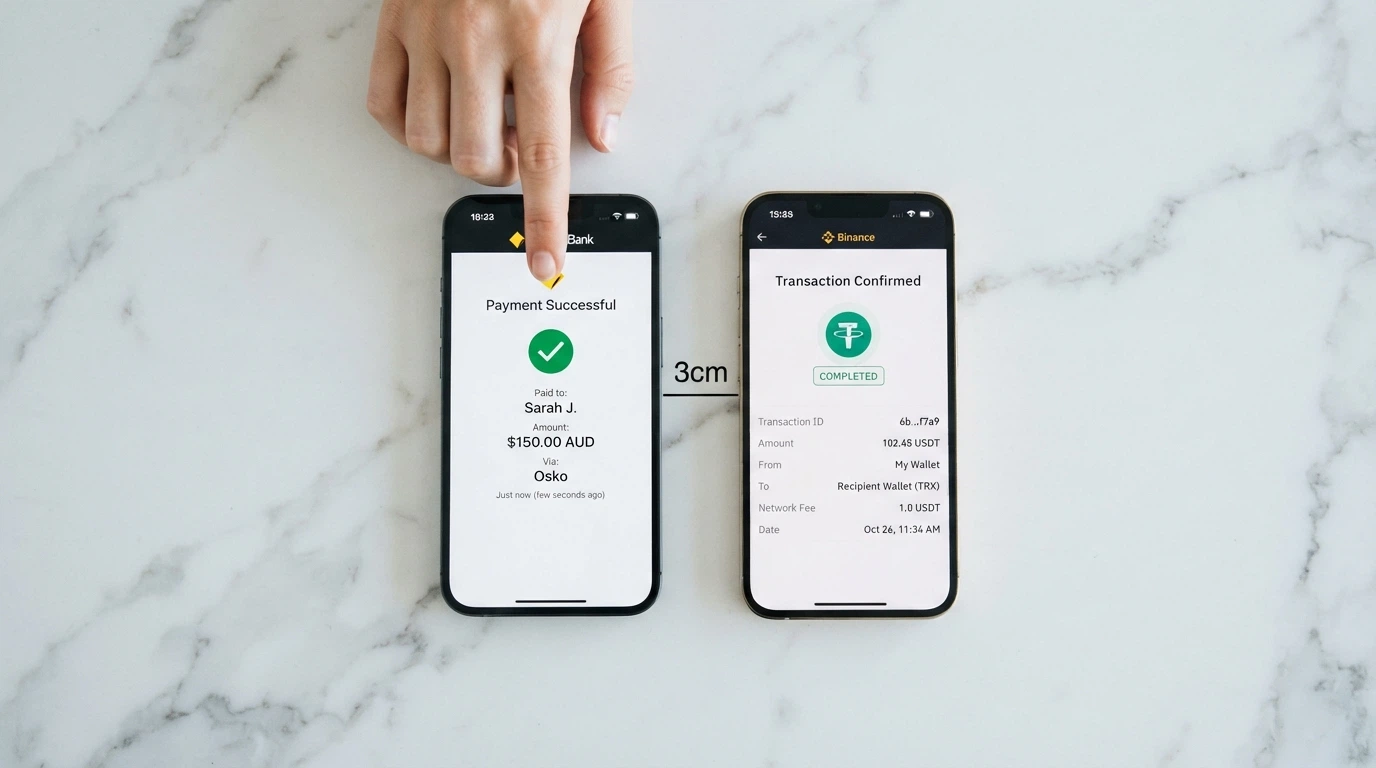 A side-by-side comparison of a PayID transfer screen on a banking app and a USDT-TRC20 wallet confirmation on a phone