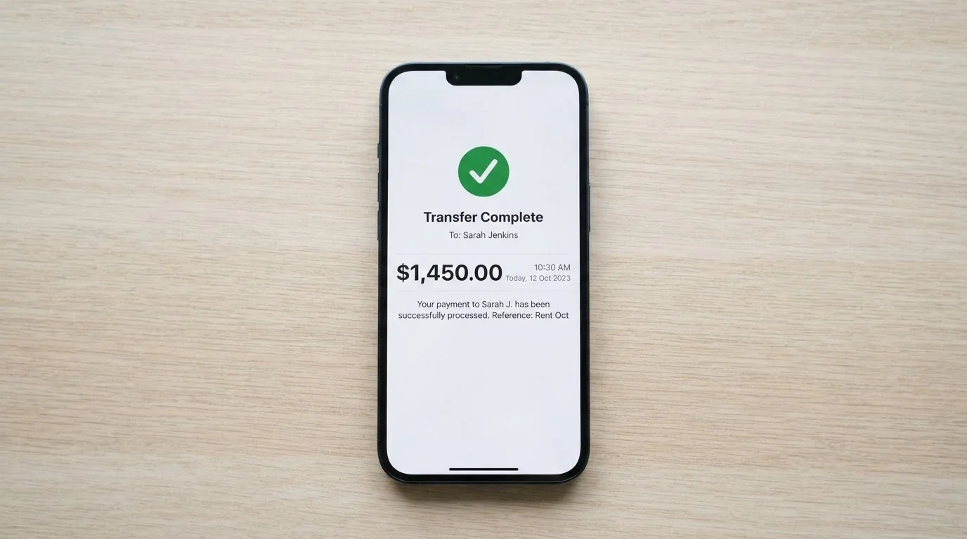 A phone displaying a banking app with a PayID transfer confirmation showing an Australian dollar amount and a timestamp