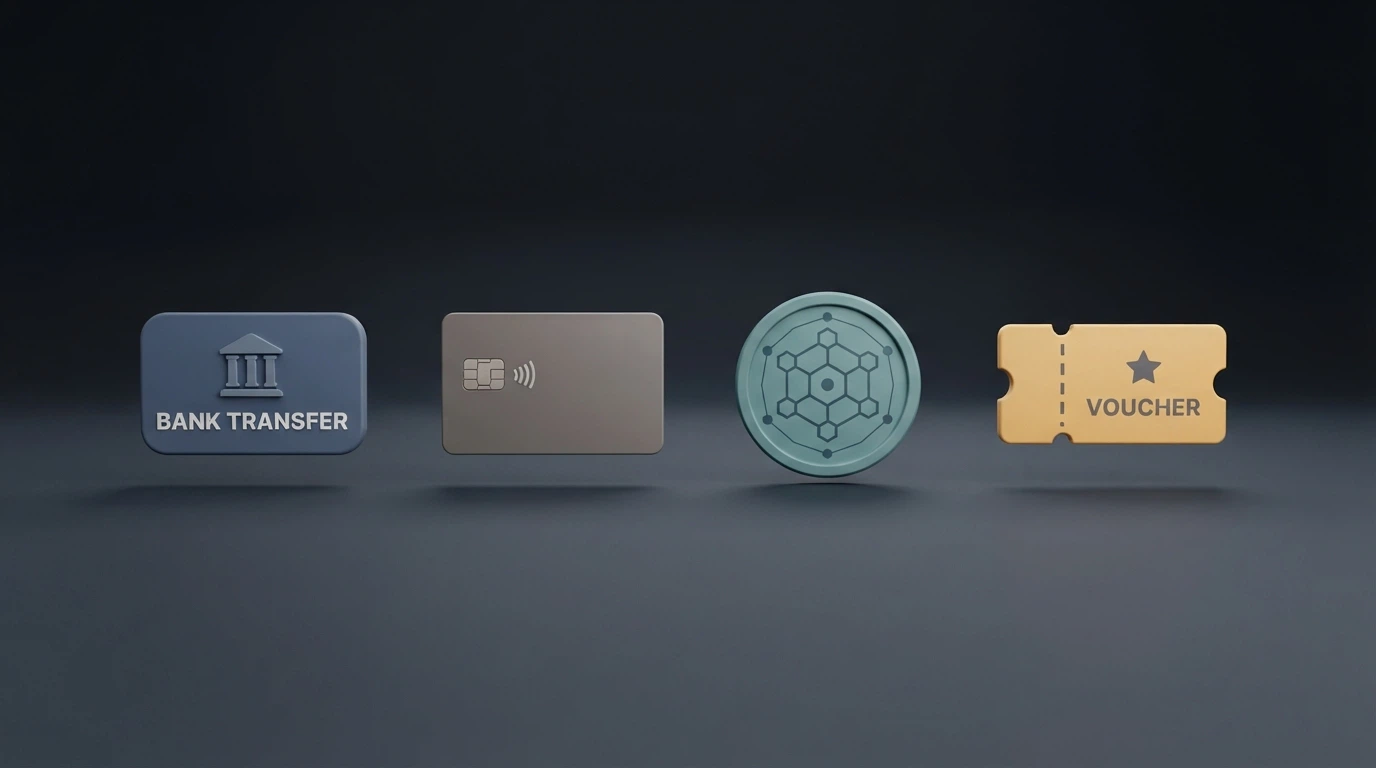 Four payment method icons — PayID, Visa, Bitcoin, and Neosurf — arranged side by side on a dark background