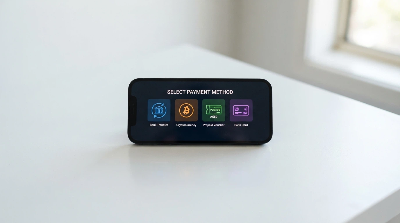 A smartphone displaying icons for PayID, a cryptocurrency wallet, a Neosurf voucher and a credit card, arranged side by side
