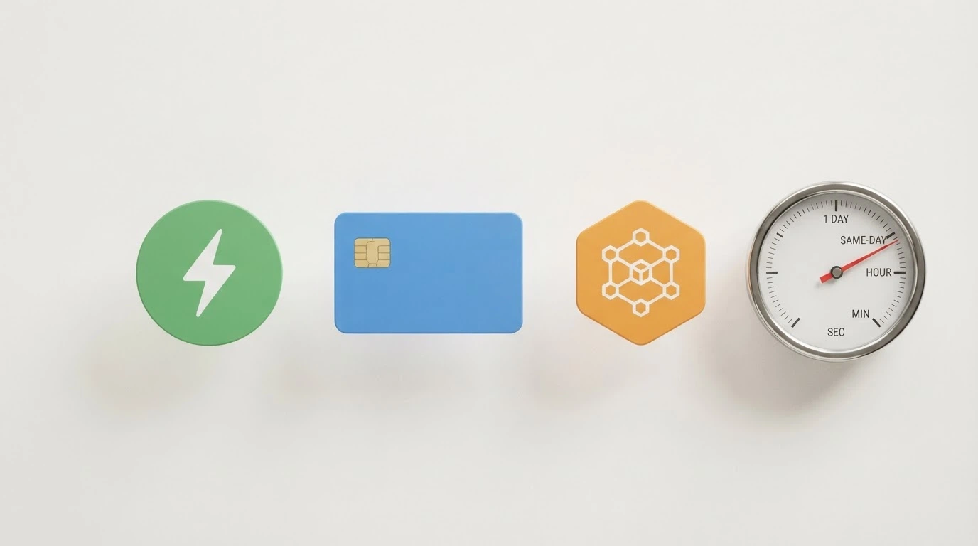 Three payment icons — PayID, debit card, and Bitcoin — arranged beside a speed gauge showing near-instant to same-day clearing times