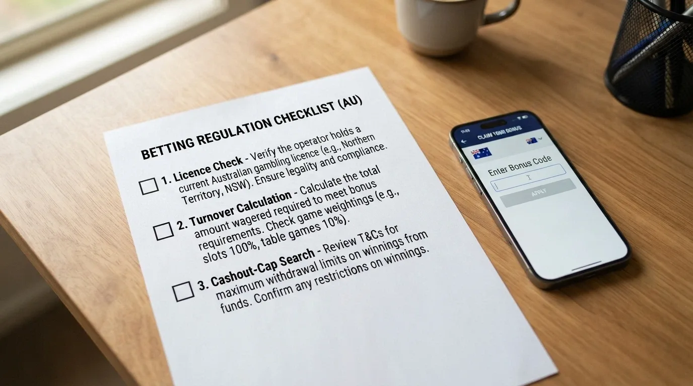 A three-step decision checklist laid out on a desk — licence check, turnover calculation and cashout-cap search — with a smartphone showing a bonus code screen beside it