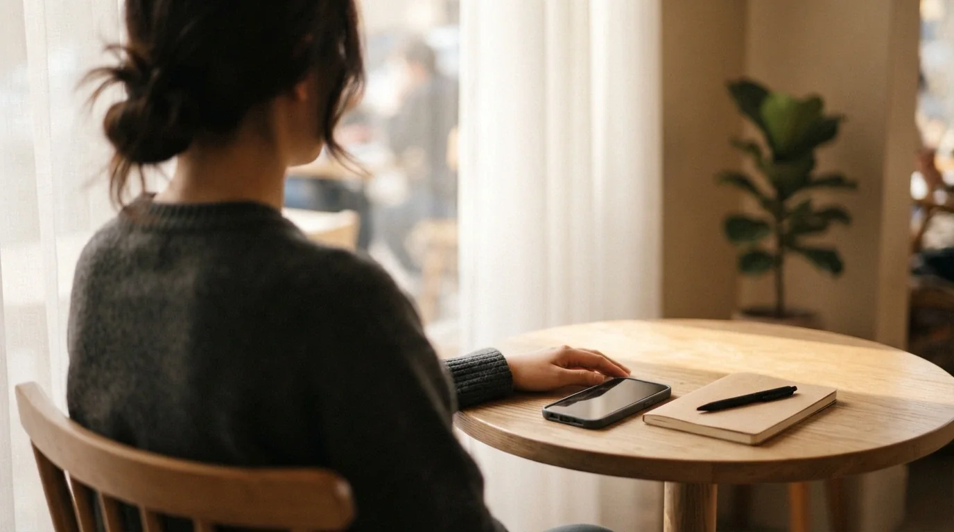 A person setting down a smartphone on a table, the screen dark, with a notebook and pen beside it