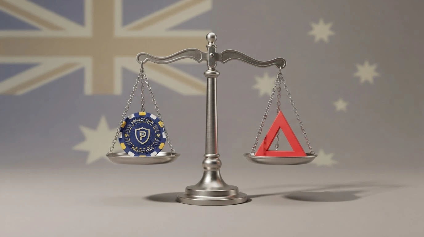 A set of balance scales with a Bitcoin on one side and a red warning triangle on the other, in front of a muted Australian flag backdrop