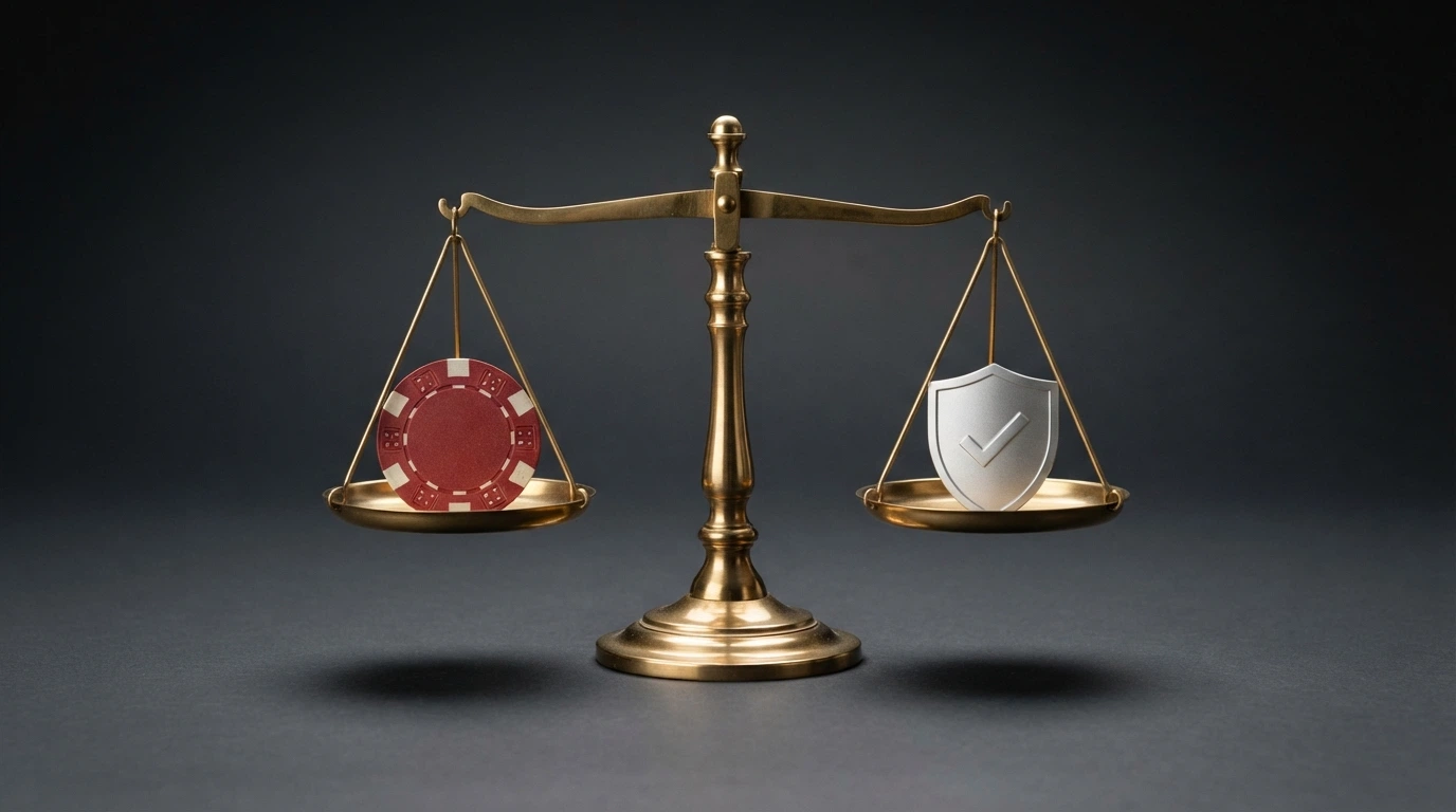 A set of scales with a casino chip on one side and a consumer-protection shield on the other, balanced at centre