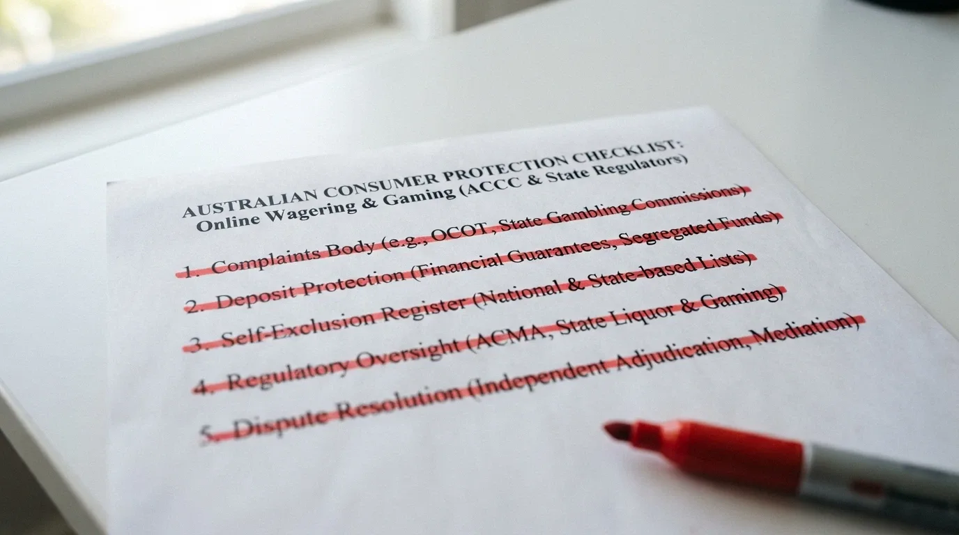 A consumer-protection checklist where every item — complaints body, deposit protection, self-exclusion, regulator — is struck through in red