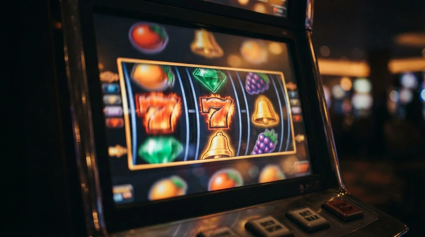A close-up of a digital pokie screen displaying colourful fruit and gem symbols mid-spin
