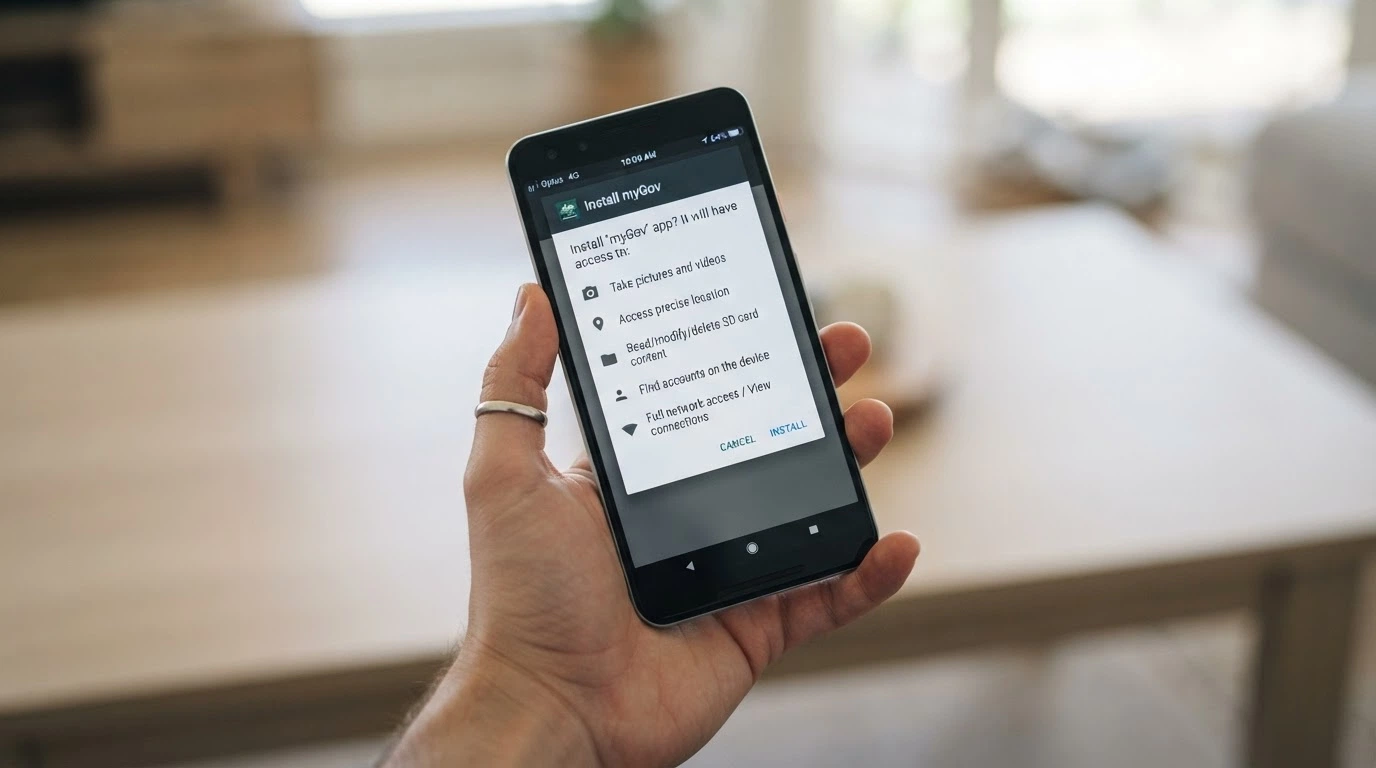 An Android phone screen showing the APK installation prompt from an operator's website, with the install button and app permissions visible