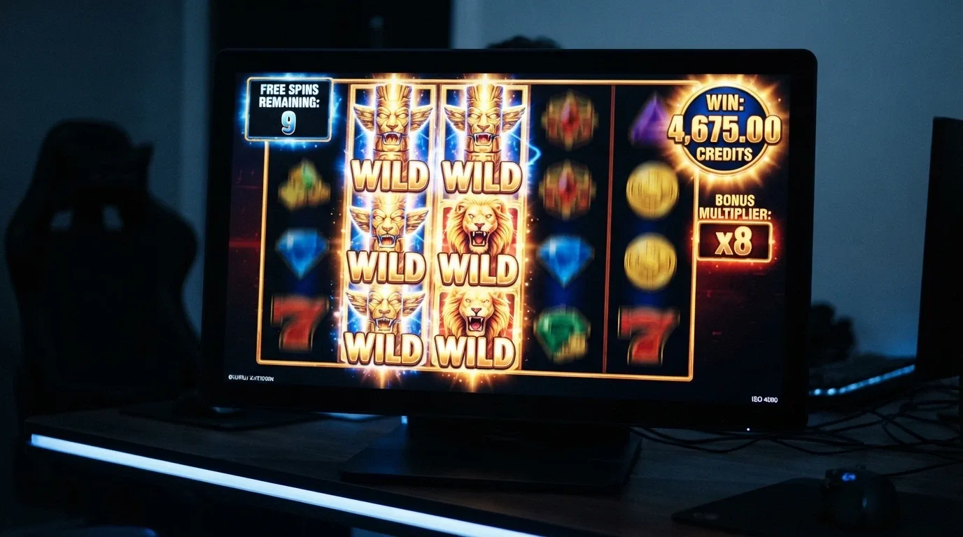 A 5-reel pokie mid-bonus-round with free-spin counter, expanding wilds visible on the reels and a multiplier badge on the win display
