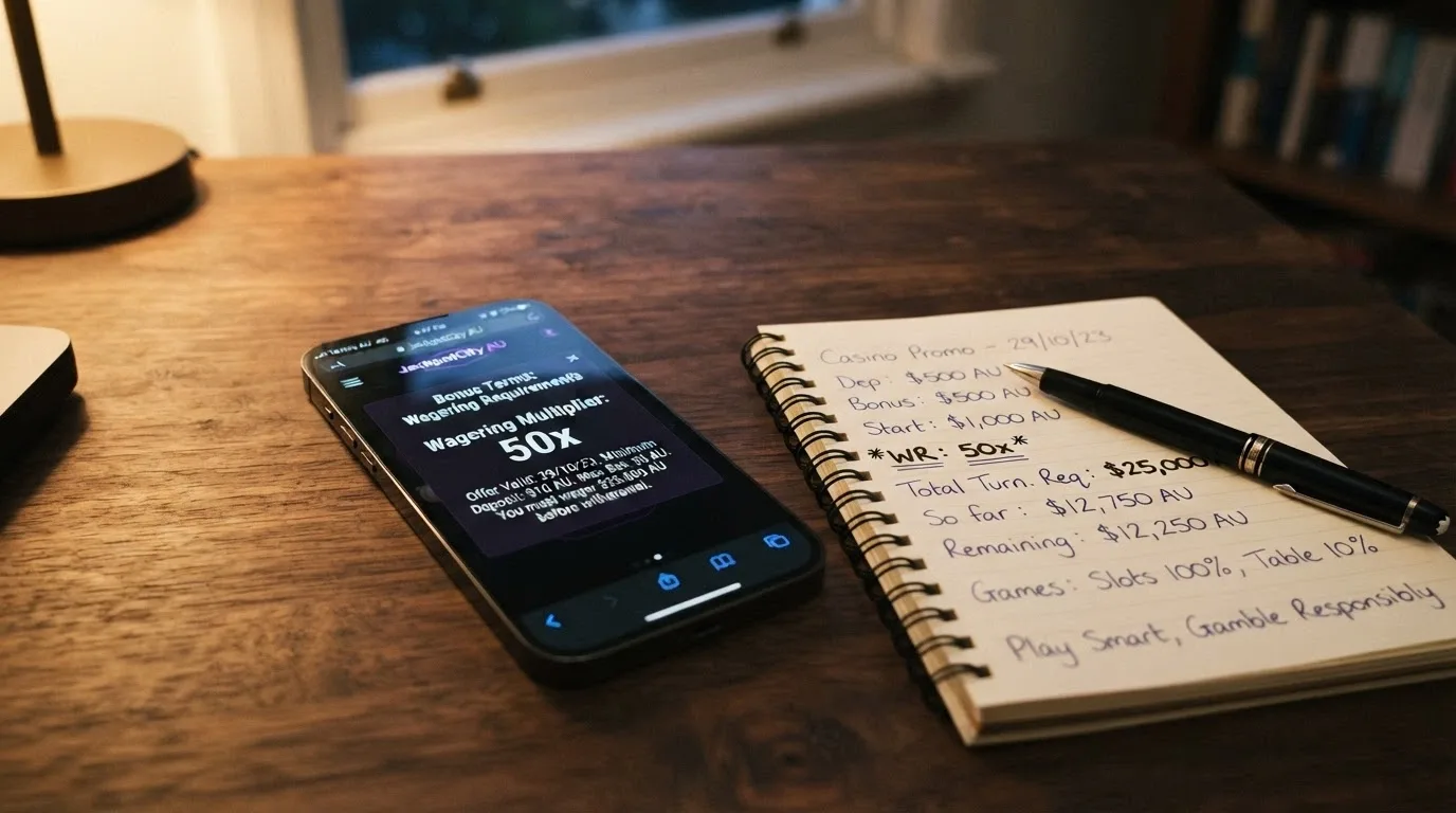A close-up of a smartphone showing a bonus terms pop-up with the wagering requirement highlighted, a calculator and a notepad with turnover figures beside the phone