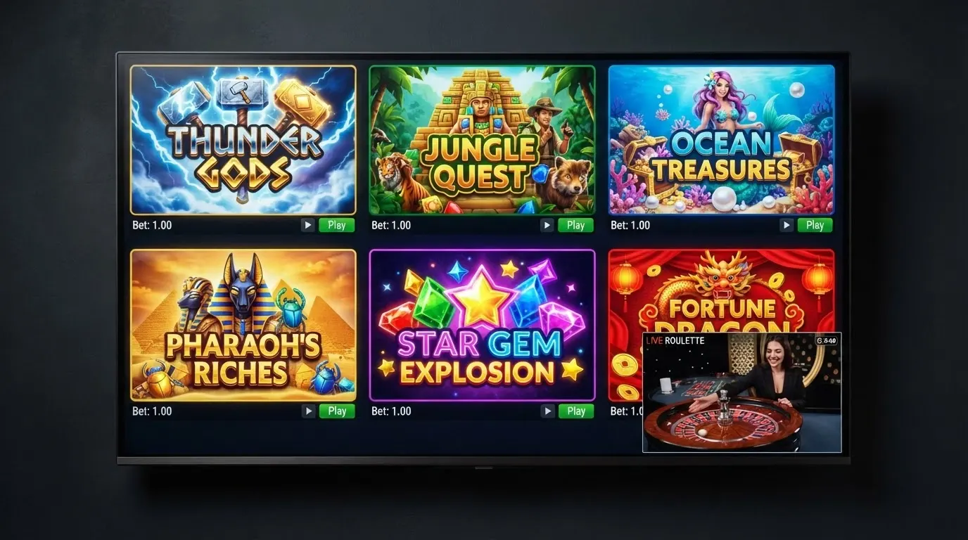 A grid of colourful online pokies thumbnails with a live-roulette dealer inset in the foreground