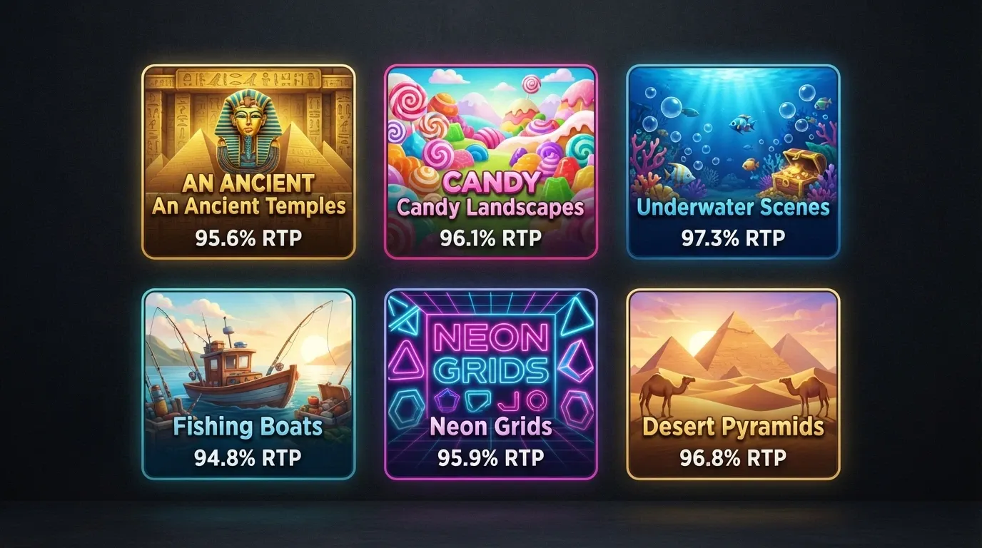 A grid of pokies game tiles with RTP percentages overlaid, colourful slot-reel graphics