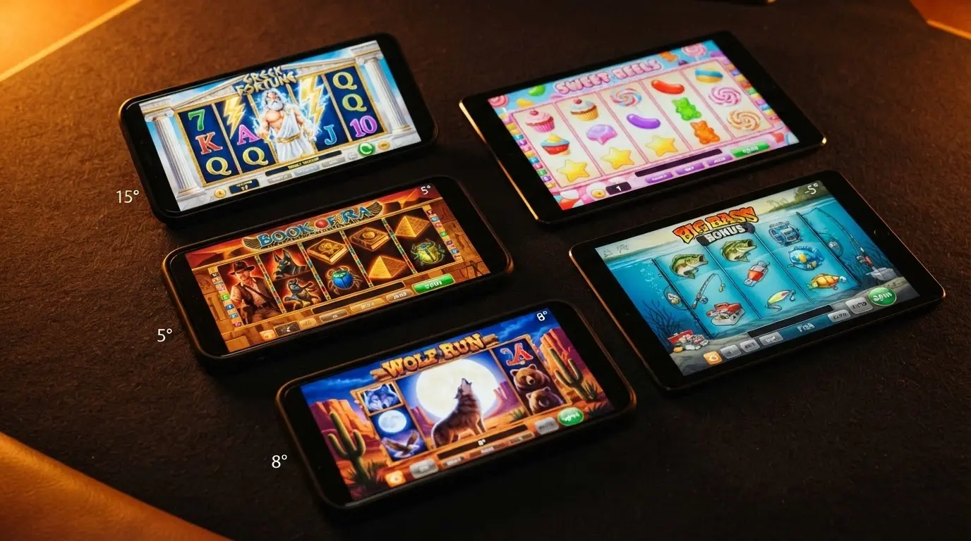 A grid of five colourful online pokies title screens — Gates of Olympus, Sweet Bonanza, Book of Dead, Big Bass Bonanza and Wolf Gold