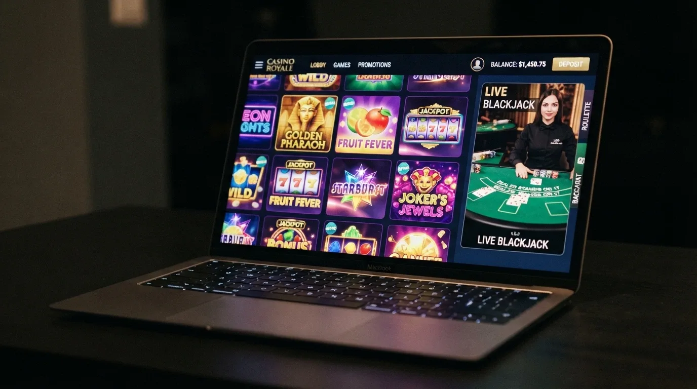 A casino game lobby grid dominated by pokies thumbnails — neon-themed, high-volatility titles — with a live-dealer blackjack table thumbnail visible in the sidebar navigation