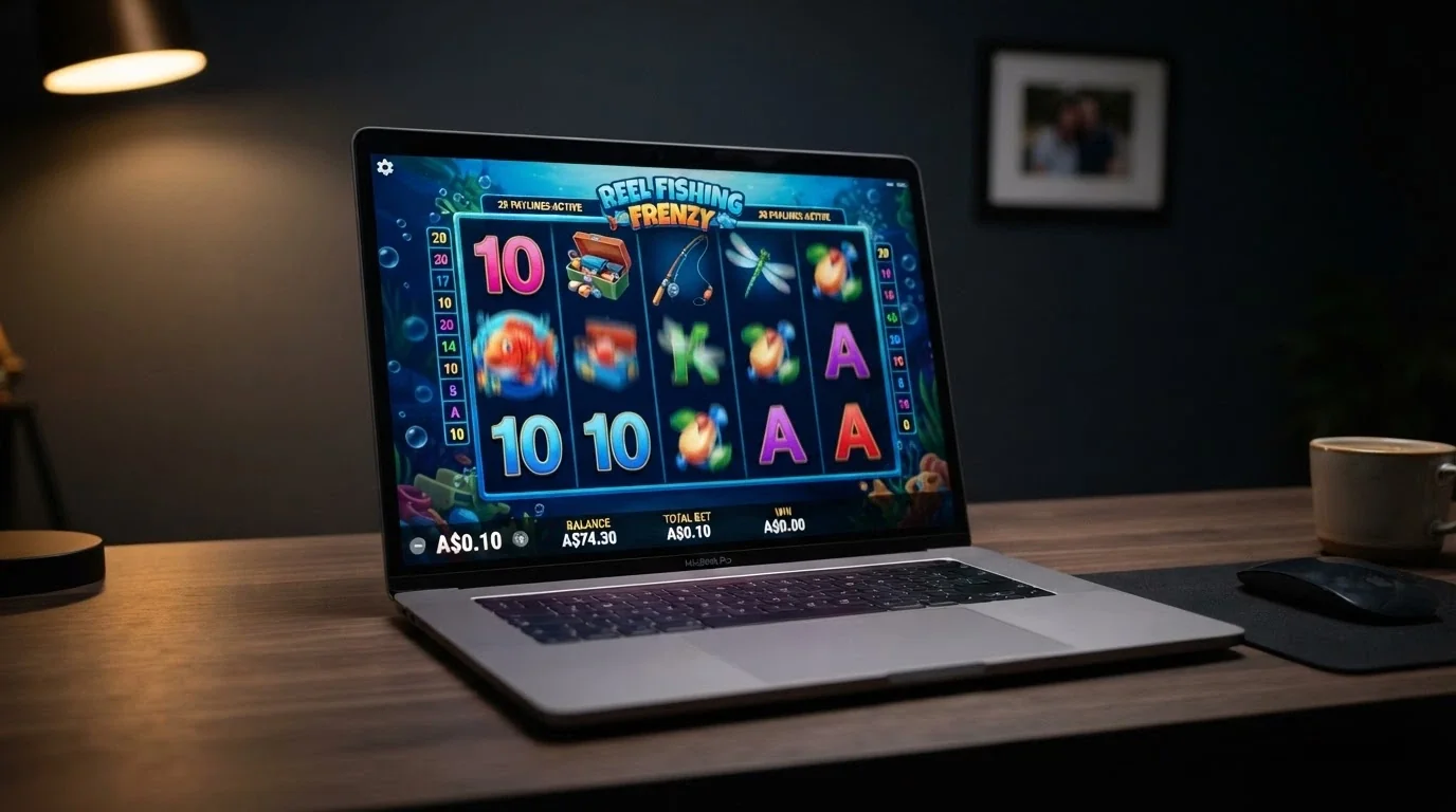 A laptop screen displaying an online pokie mid-spin with the A$0.10 stake indicator and balance reading visible on screen