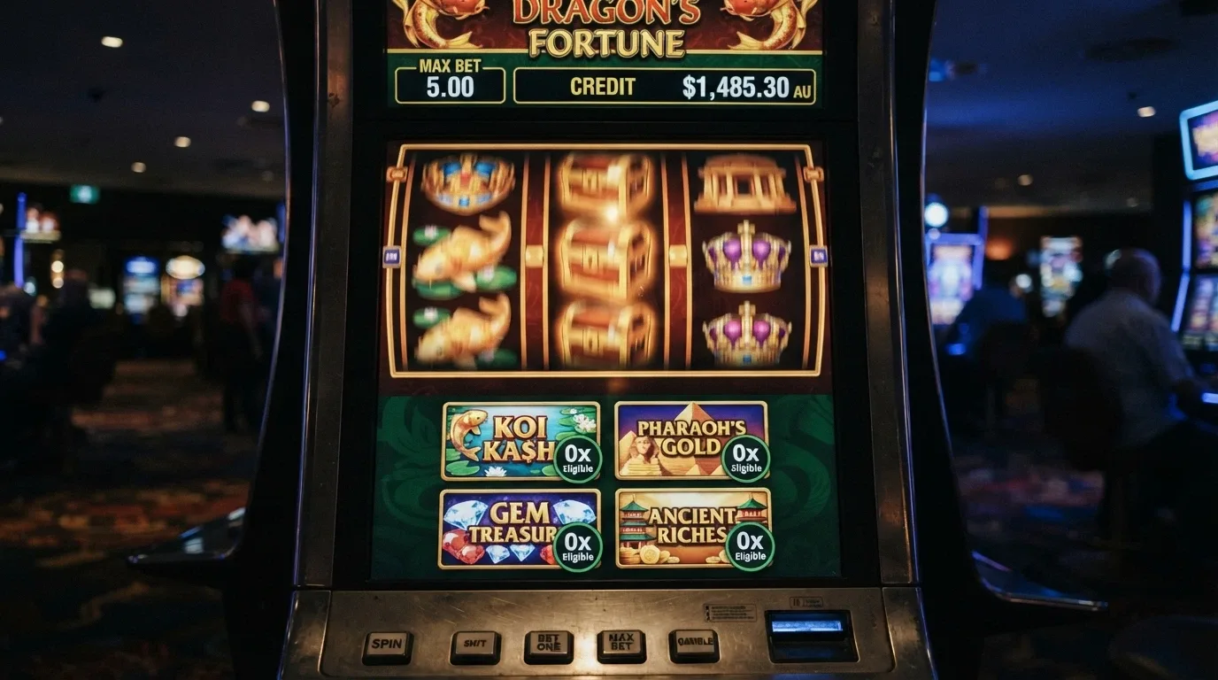 Four slot game title cards — Big Bass Splash, Sweet Bonanza 1000, Gates of Olympus 1000 and Book of Dead — arranged in a grid with a “0x Eligible” badge on each