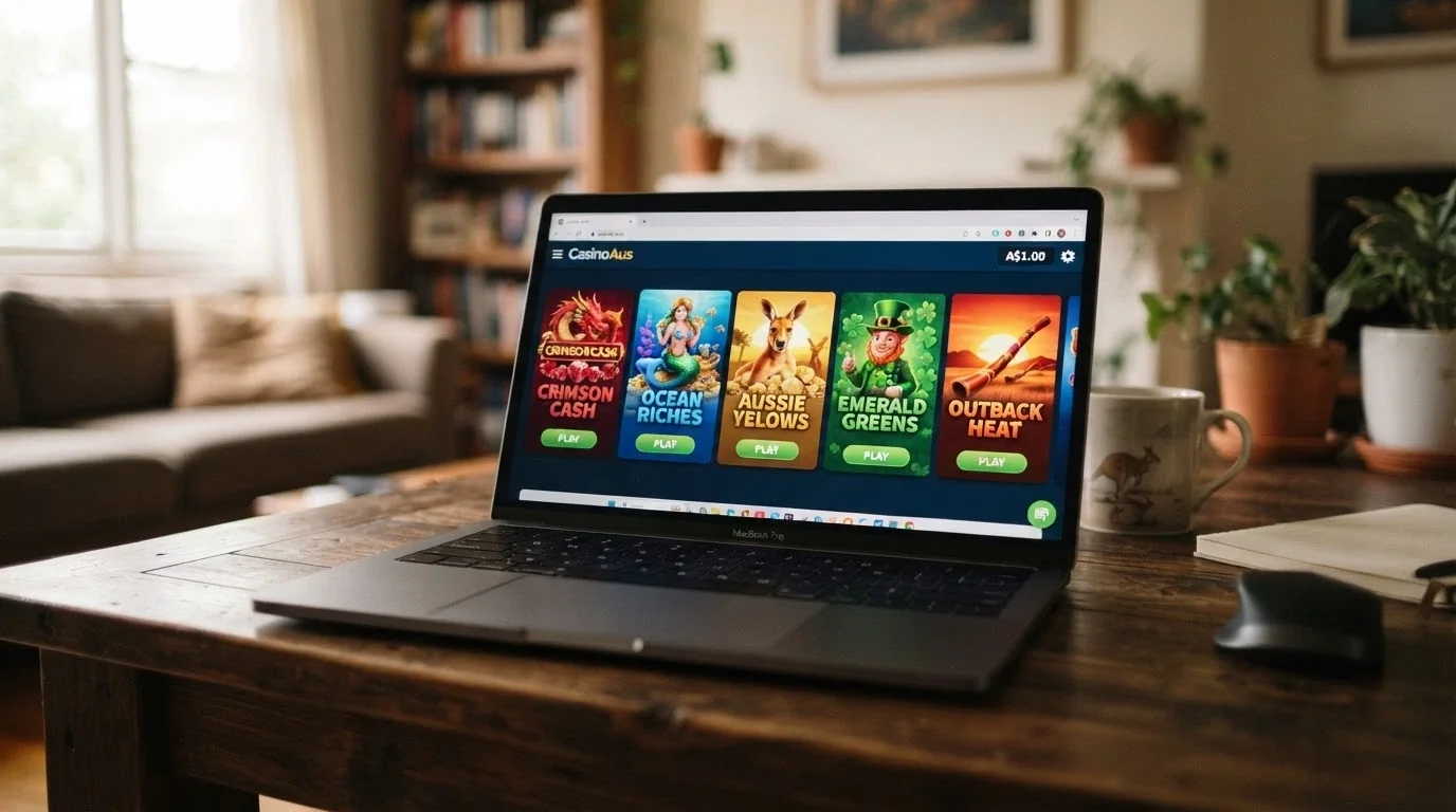 A row of five Australian-facing online pokies titles on a screen with a bankroll counter reading A$1.00