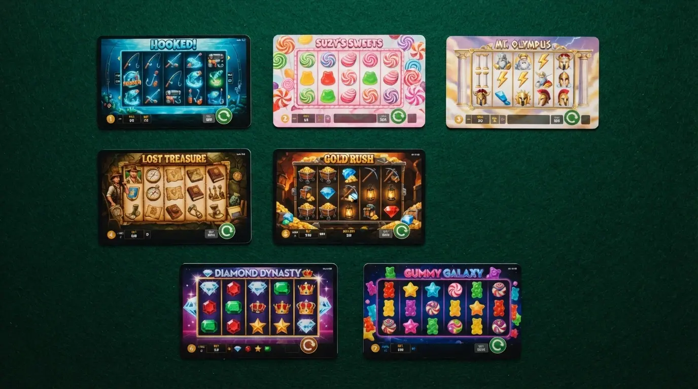 A collage of seven pokie title cards — Big Bass Bonanza, Sweet Bonanza, Gates of Olympus, Book of Dead, Bonanza Megaways, Starburst and Sugar Rush — with their studio logos beneath each one
