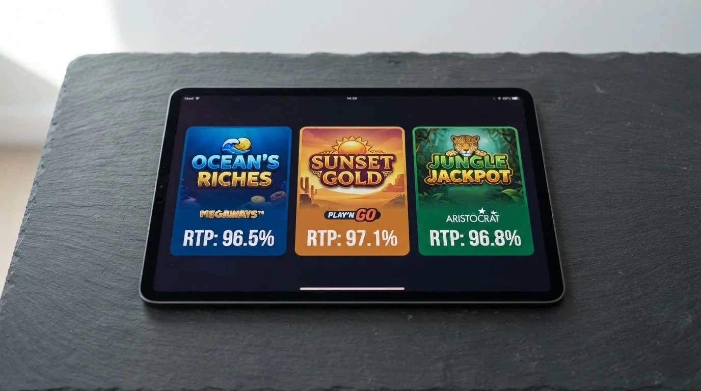 Three poker machine title cards on an iPad screen, each showing the game's name, provider logo and RTP percentage