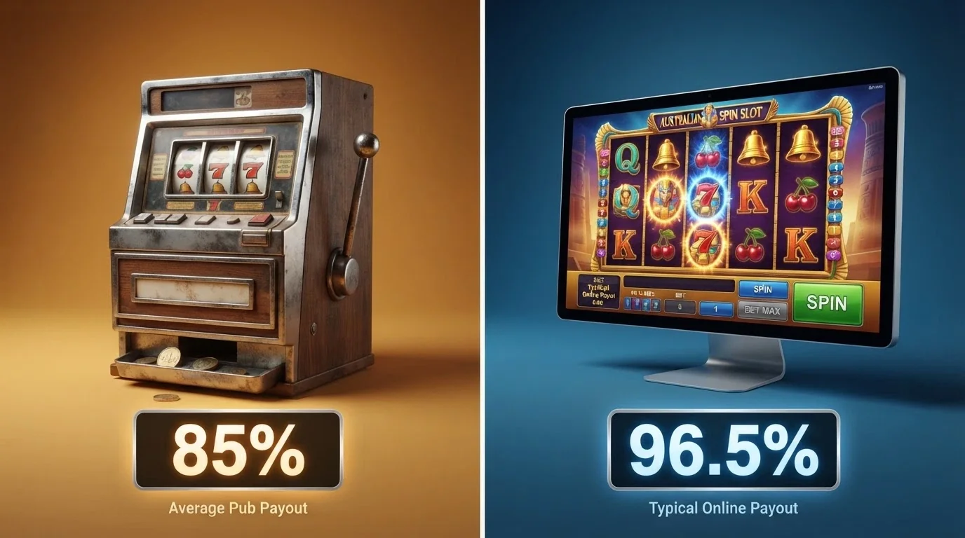 A split visual contrasting a pub pokie screen showing 85% RTP with an online pokie screen showing 96.5% RTP, Australian setting visible