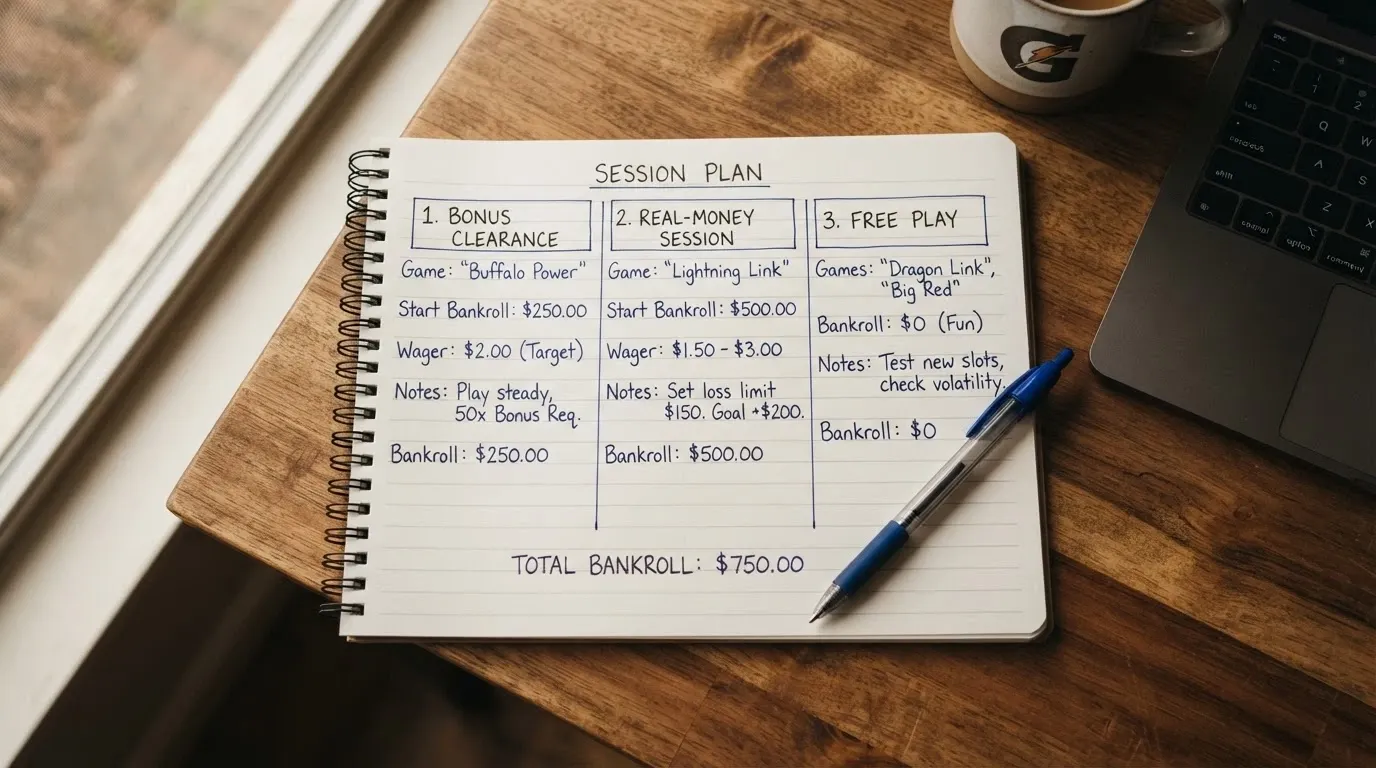 A notepad or session-planner layout showing three columns labelled with different session types — bonus clearance, cash session, free play — with a pen and a bankroll figure