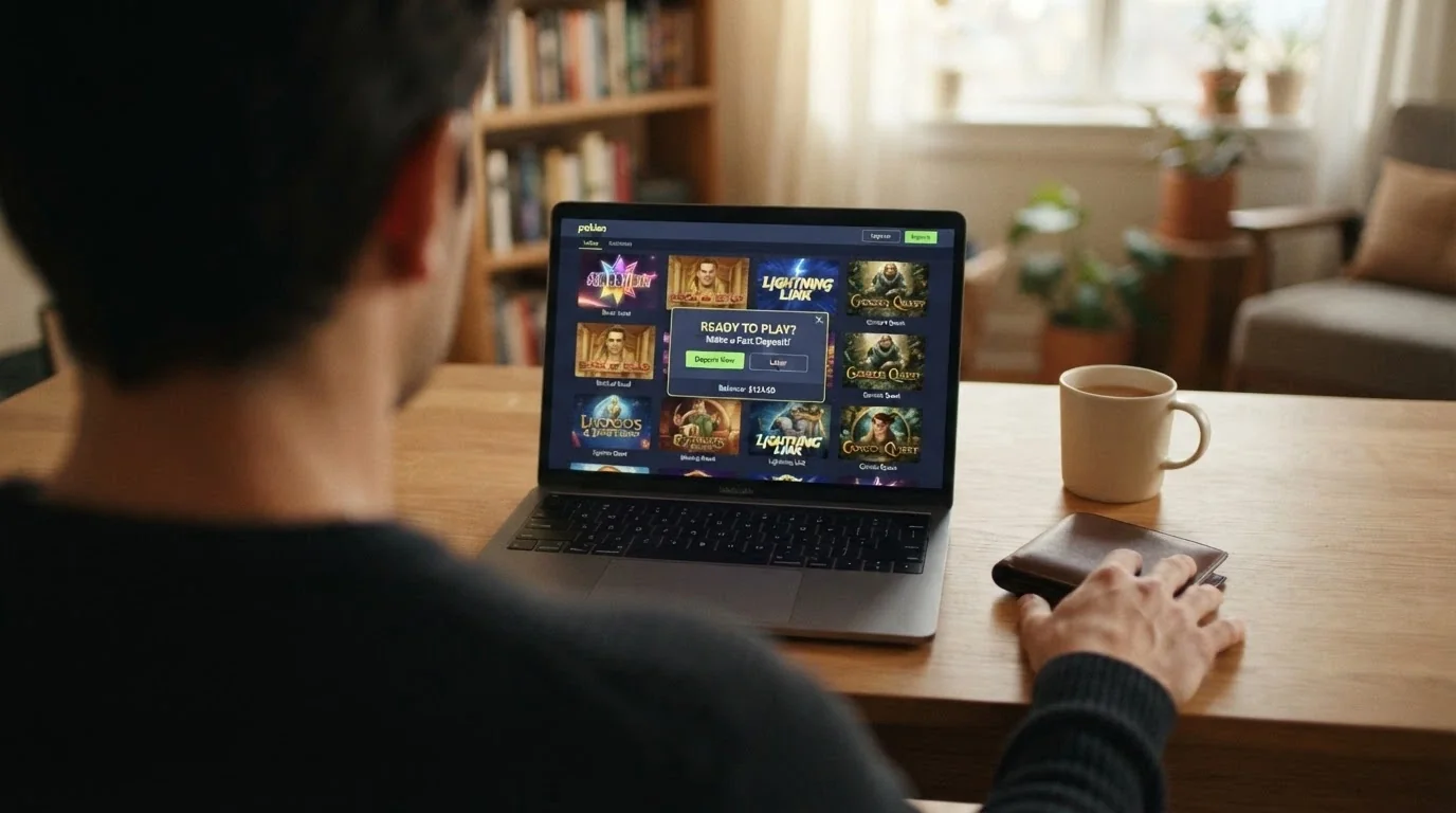 An Australian player looking at a laptop screen showing a pokies site, one hand resting on a closed wallet