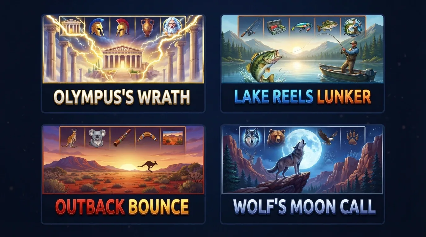 A grid of four online pokies title cards — Gates of Olympus, Big Bass Bonanza, Big Red and Wolf Gold