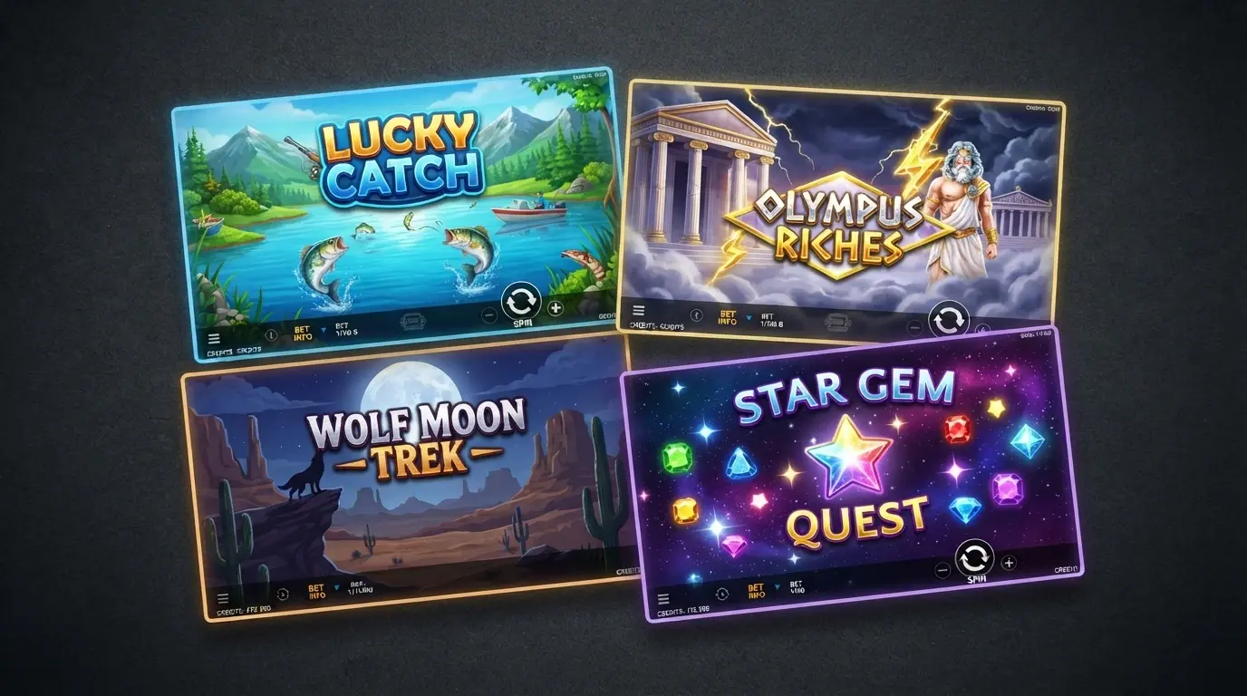 A collage of four pokies title screens — Big Bass Bonanza, Gates of Olympus, Wolf Gold and Starburst — arranged in a grid on a dark background