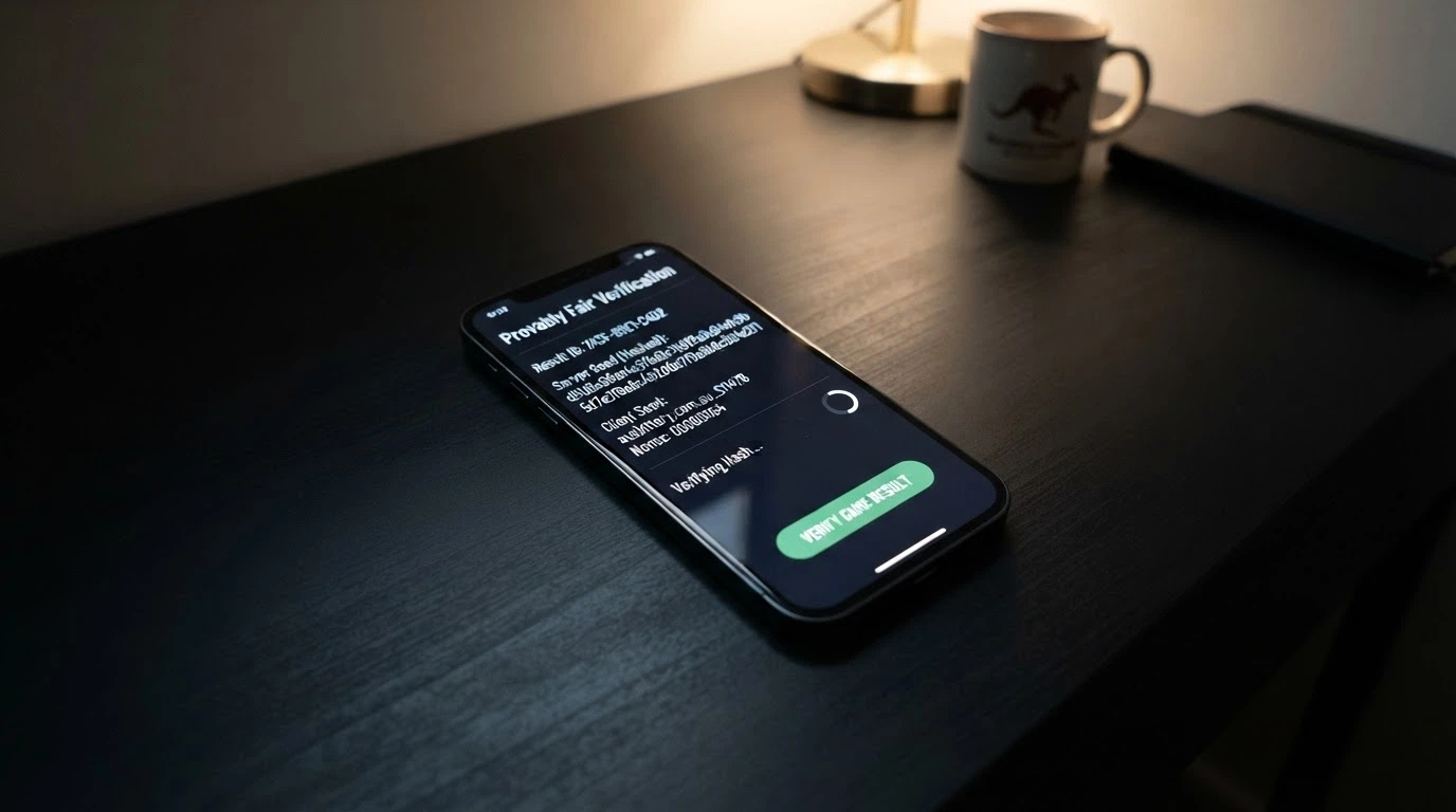 A close-up of a smartphone screen showing a provably fair verification interface with a cryptographic hash string and a “verify” button