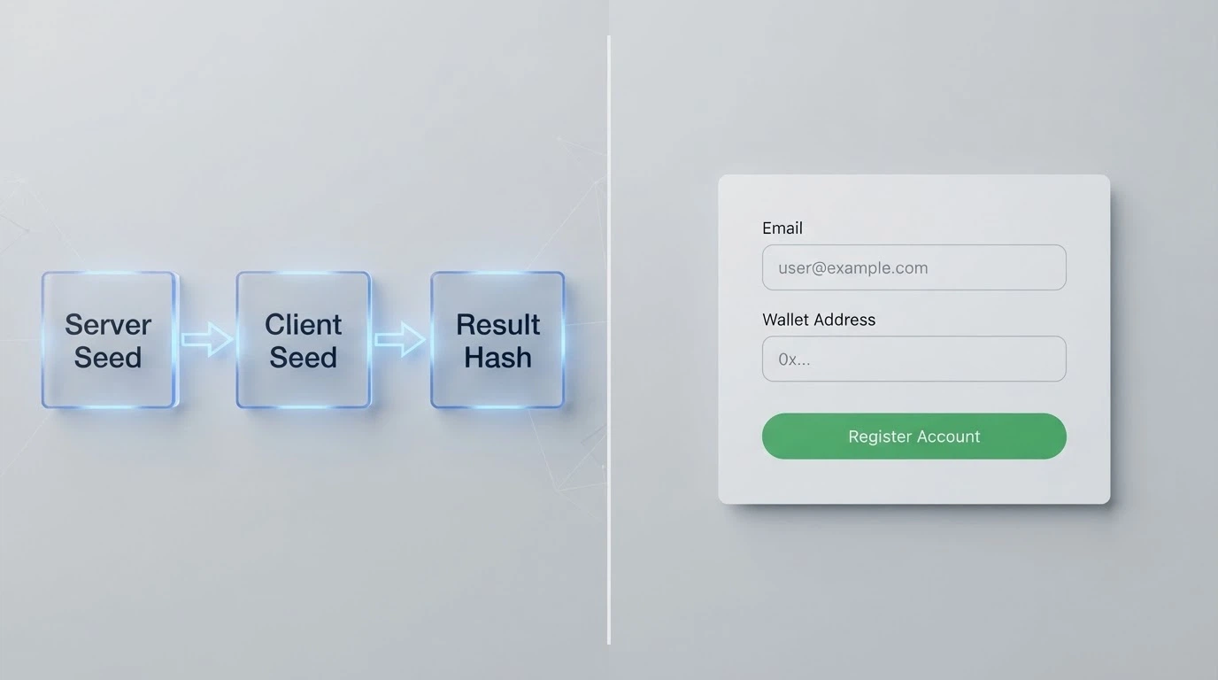 A split-screen visual: on the left, a simplified client-seed and server-seed hash diagram; on the right, a casino registration form with only an email field and a wallet-address field visible