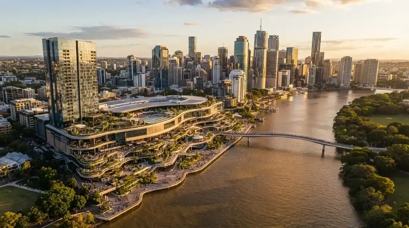 Aerial view of the Queen's Wharf precinct showing the Sky Deck, hotel tower and riverfront position along the Brisbane River